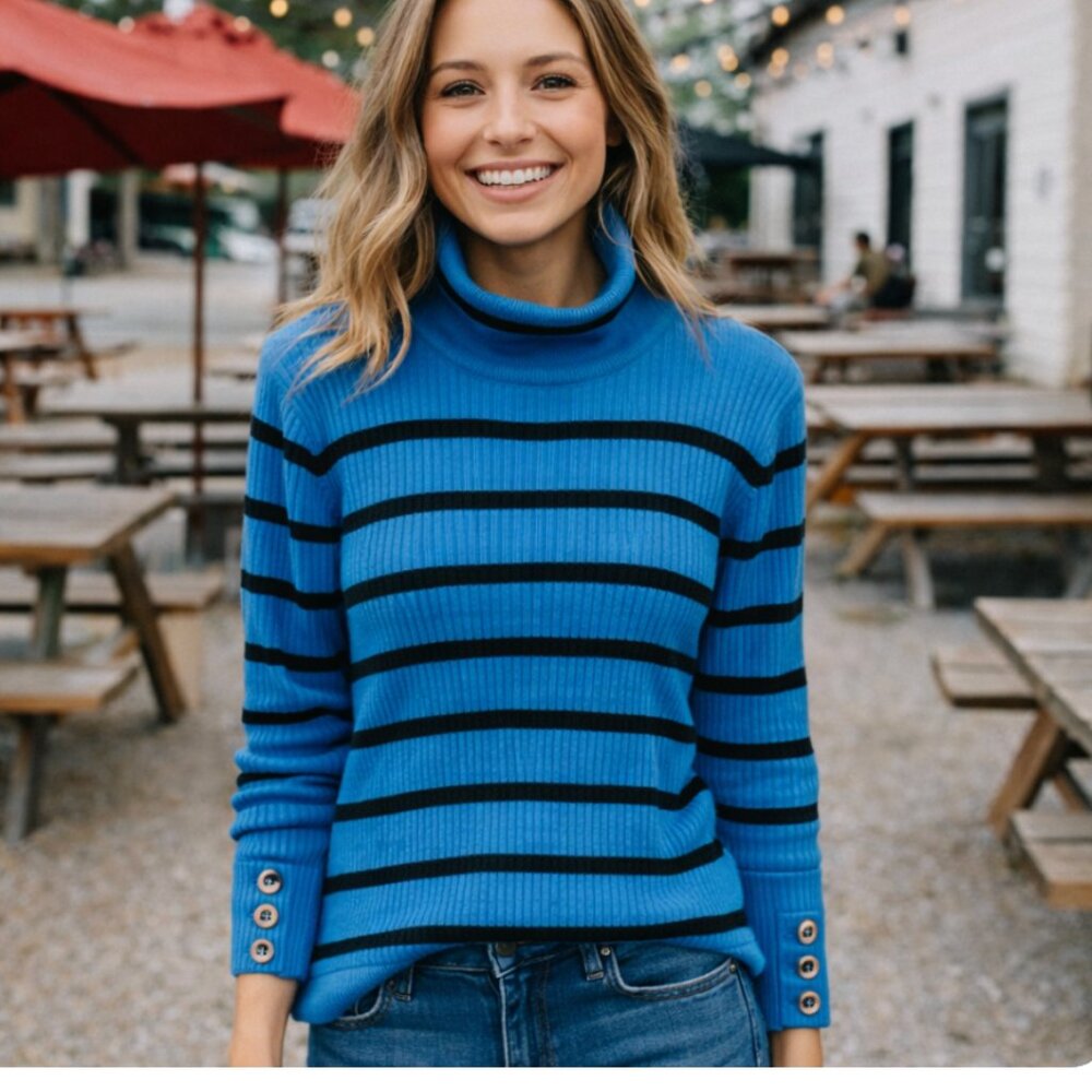 TALBOTS Blue Black Stripe Ribbed Turtleneck Sweater Button Cuff size large